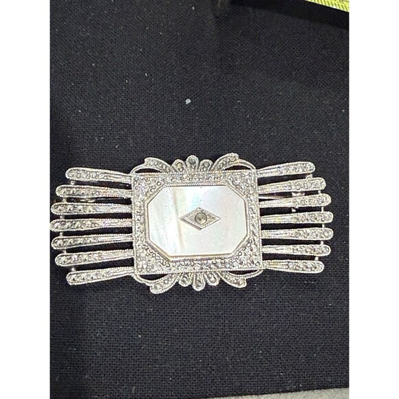 Lot of 3 Vintage Art Deco Style Brooches: MOP, Black Bar, Champagne Rhinestone - Picture 3 of 16